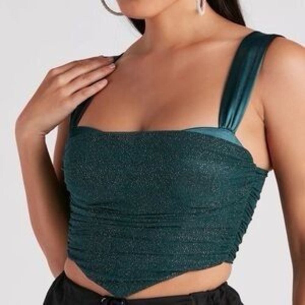 Windsor Corset Glitter Emerald Green Mesh Satin Shirt Silk Structured Crop Top S